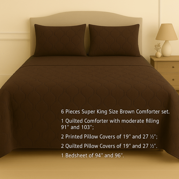 6 Pieces Super King Size Brown Comforter set